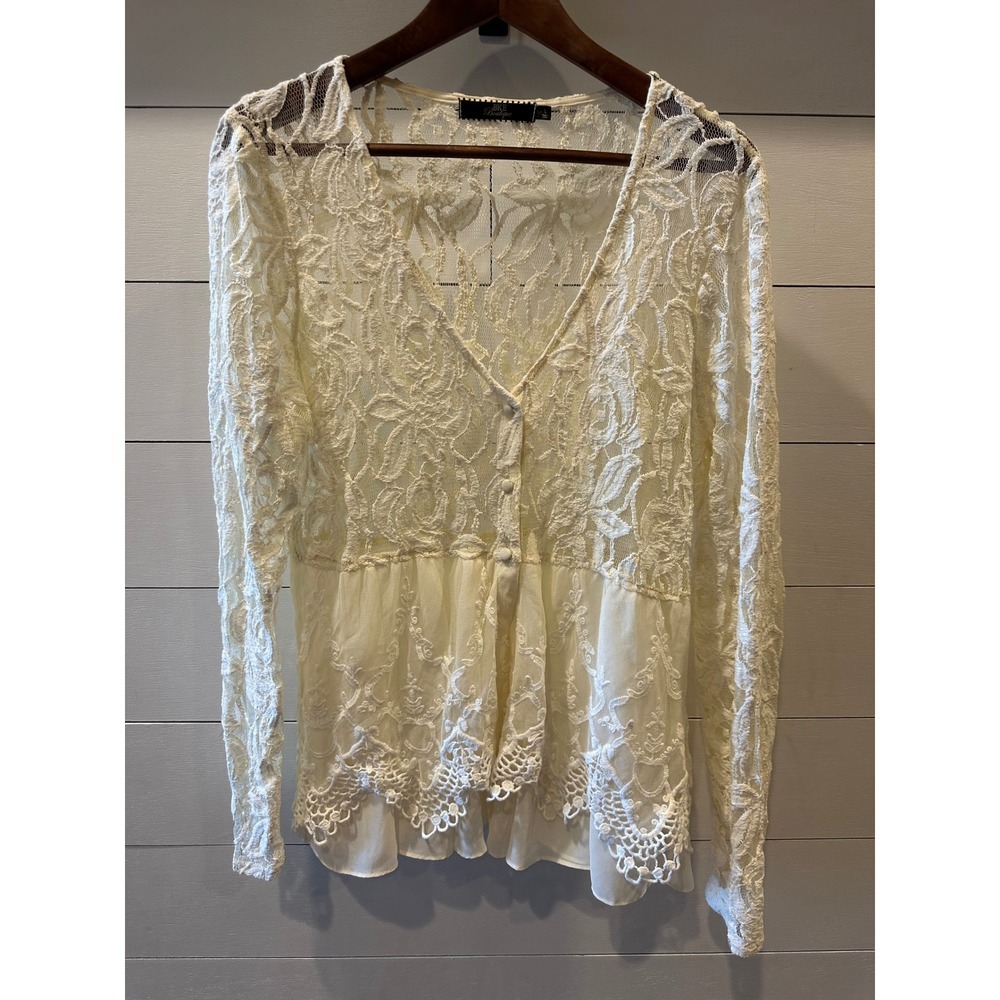 BKE Boutique Cream Floral Lace Peplum Cardigan Sheer Button Front Top Large